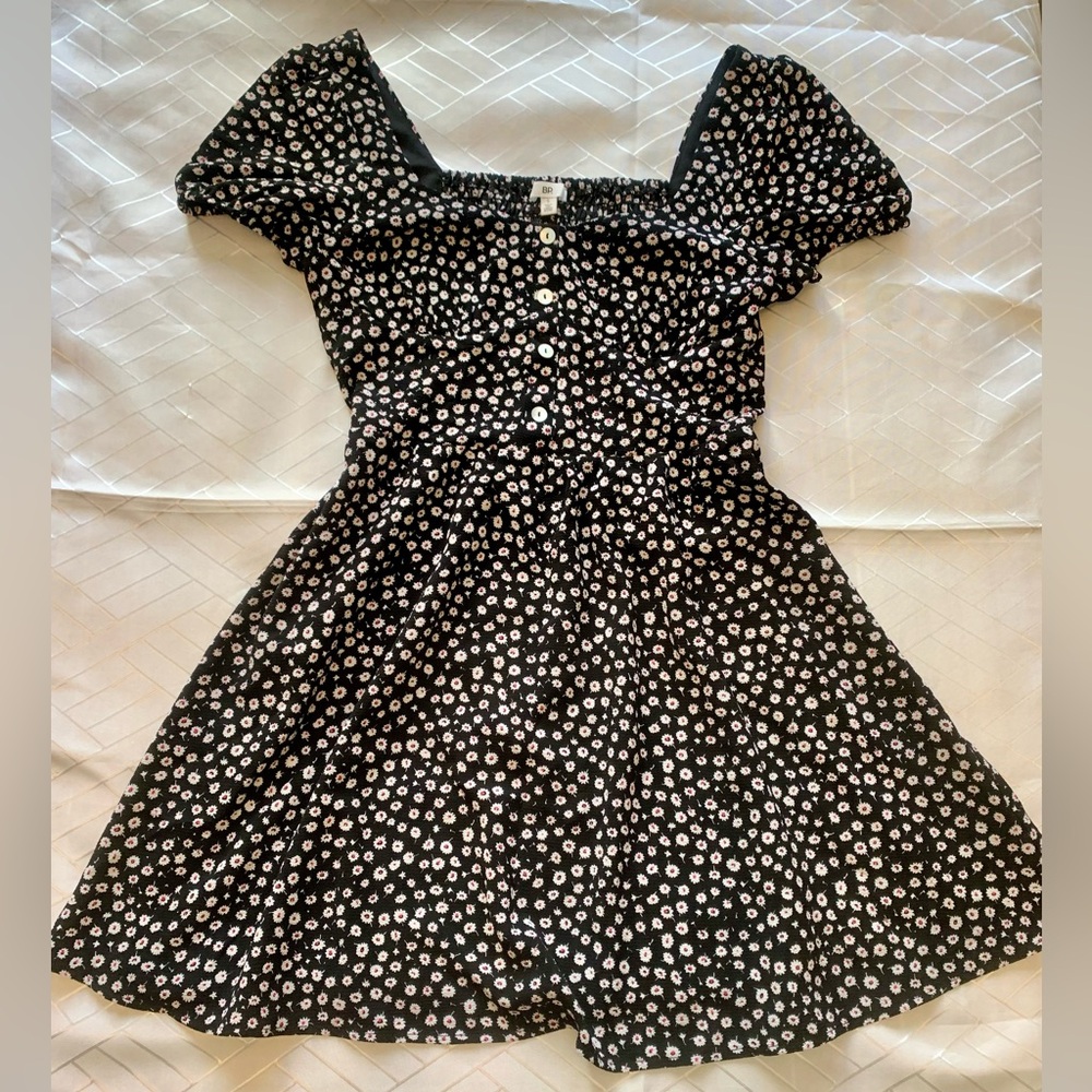NORDSTROM bp Floral Black White Dress ditzy print stretchy button neckline